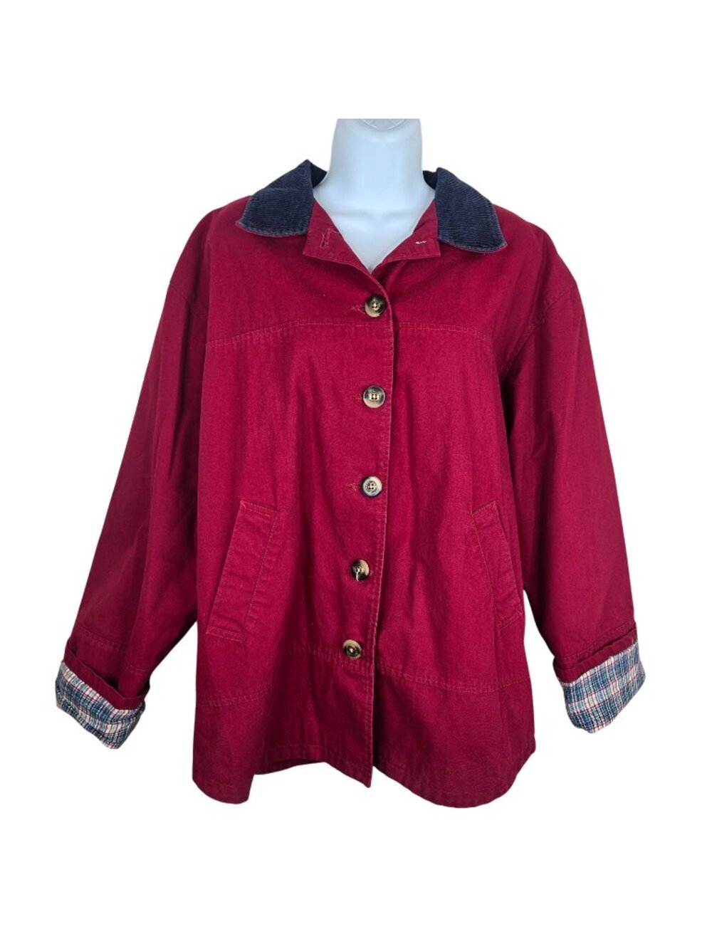 Vintage 90s Burgundy Barn Coat Jacket Plaid Cuffs Corduroy Collar Womens S